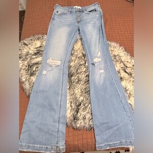 KanCan: Harlowe Mid Rise Distressed Flare Jeans - Medium Wash, size 13/30